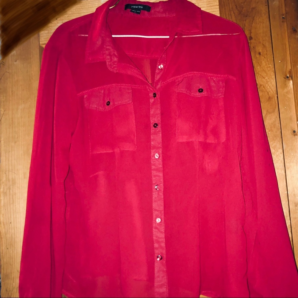 Red Mesh Flowy Cinched Button Down - image 1